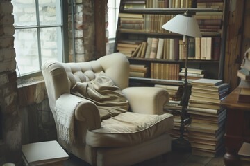 A serene reading nook with a comfy armchair, floor lamp, and stacked books.