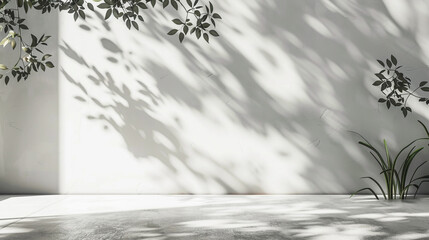 White backdrop adorned with gentle shadows of blurred foliage against a wall.