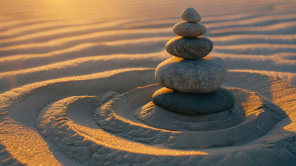 Fototapeta na wymiar Close-up of zen stones pyramid on the sandy beach with circles around it