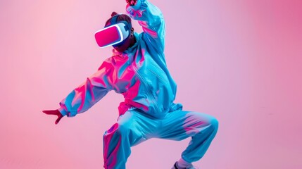 Dynamic pose of a dancer in colorful summer gear and a VR headset, embracing technology and movement