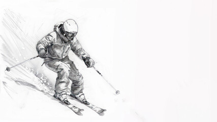Skier in action on slope of the snow in pencil sketch art