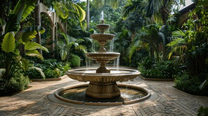 A grand marble fountain surrounded by lush greenery, inviting serenity and calm.