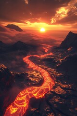 Volcanic fields, rivers of lava glowing ominously under a smoky sky, a land reshaped by fire and fury - obrazy, fototapety, plakaty