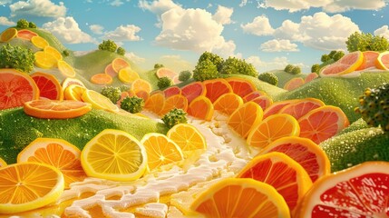 A dreamy landscape made of citrus fruit slices