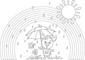 Little piglet with a small butterfly hiding under a striped umbrella from summer rain and looking at a beautiful rainbow in the sunny sky, black and white vector cartoon illustration for a coloring bo