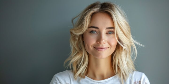 Beautiful smiling young blonde caucasian woman, isolated on neutral background. Close up portrait of face. Horizontal Web Banner Style. Generative AI.
