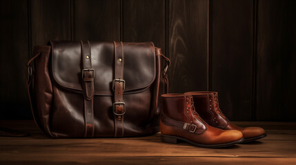 Luxury vintage detailed leather bag with leather boots high-end photoshoot studio look fashion bag