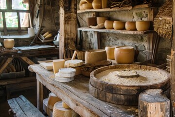 A rustic scene of traditional cheese making in a countryside dairy farm