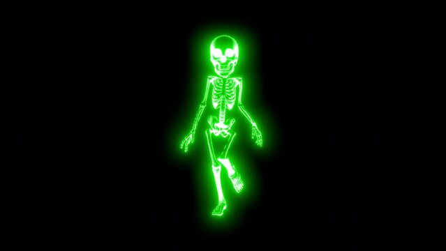 Seamless animation of a walking skeleton isolated with alpha channel. Funny halloween background with neon fluorescent effect for parties and events.