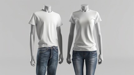 T-shirt mockup, men's mannequin and women's mannequin mockup with jeans and white t-shirts, white wall flowerpot background,3d - obrazy, fototapety, plakaty