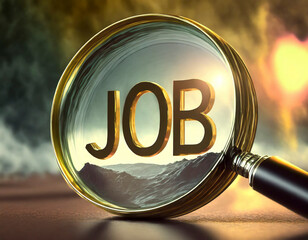 Magnifying glass highlighting the word job against a dynamic background, symbolizing job searching