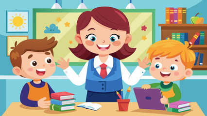 Fototapeta premium happy-cute-kids-go-to-school-by-bus