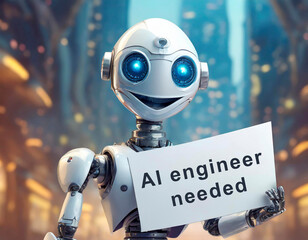 Futuristic robot holding a sign that reads ai engineer needed for tech recruitment concept