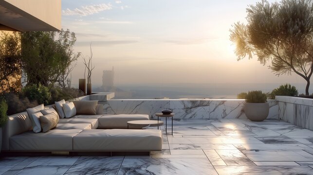A tranquil marble terrace overlooking panoramic vistas, a serene retreat for contemplation.
