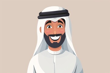 A smiling cartoon character of an Arab sheikh wearing a traditional white thobe and black headgear, exuding friendliness and warmth. Generative AI