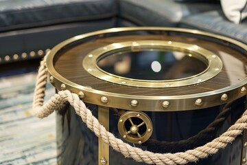 A nautical-themed side table adorned with rope accents and brass porthole details.