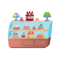 Refrigerator with cakes. Confectionery. Pastry shop interior inside. Cafe or Candy store. Cakes and pastries are on the shelves. Set of holiday cakes and pastries. Happy birthday.Сartoon - obrazy, fototapety, plakaty