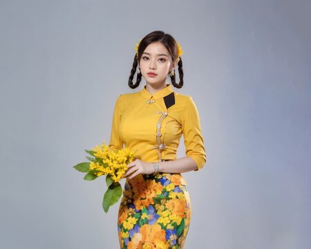 Elegant woman in a fashionable burmese traditional attire with padauk flower. Thingyan or Songkran festival.