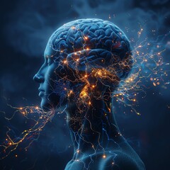 3D rendering of a human head split open to reveal brain, glowing neural connections, medical illustration, dark background, soft blue lighting, side view