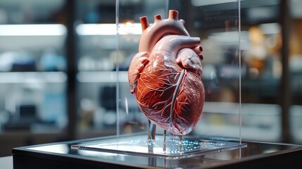 Detailed APS heart model showing vascular complications, interactive touch display, educational purpose, softly lit lab setting, eyelevel perspective