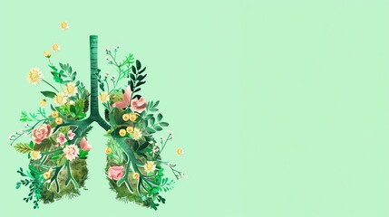 modern flat doodle style illustration of healthy lungs made of greenery, flowers and moss on a pastel mint background with copy space, World Asthma Day