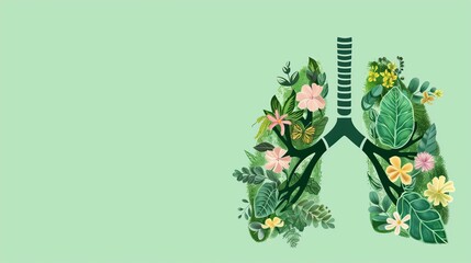 modern flat doodle style illustration of healthy lungs made of greenery, flowers and moss on a pastel mint background with copy space, World Asthma Day