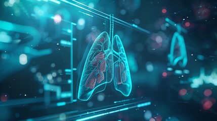 Illustration of a futuristic clinical trial for a new respiratory cure, high-tech medical devices in use - obrazy, fototapety, plakaty