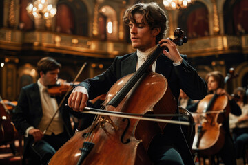 an elegant cellist performing in front of the symphony orchestra, with dramatic lighting and grandeur. - obrazy, fototapety, plakaty