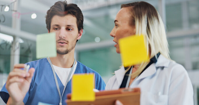 Doctors, sticky notes and brainstorming on glass board for medical solution, collaboration and information. Clinic, healthcare and tablet for with meeting for research, knowledge and ideas at work