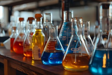 A row of colorful glass beakers filled with various liquids. The colors include blue, green, yellow, and red. Concept of curiosity and scientific exploration