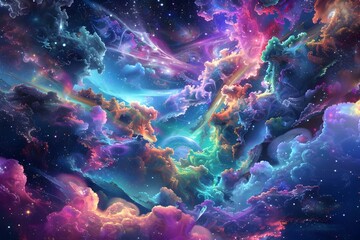A colorful space scene with many clouds and stars. The colors are bright and vibrant, creating a sense of wonder and awe. The clouds are of various sizes and shapes