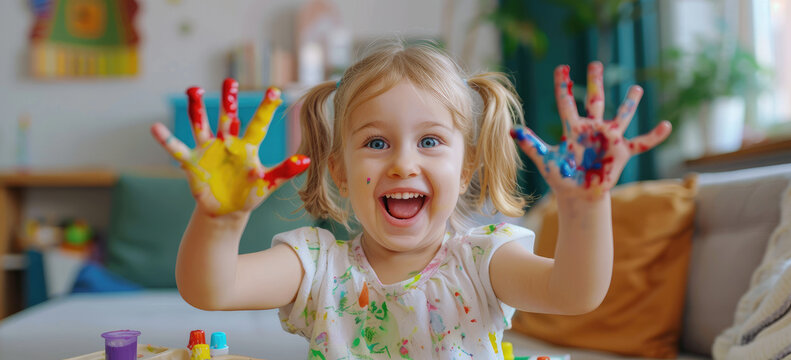 Happy little girl with colorful paint on her hands posing in the living room, playing and having fun at home
