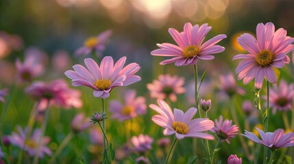 Obraz premium Field of pink and yellow flowers, with a soft glow and bokeh effect.