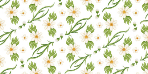 Fototapeta na wymiar Seamless daisy pattern illustration transparent background, white flowers elements, green leaves branches on dark black background, for wrappers, wallpapers, postcards, greeting cards, wedding invites