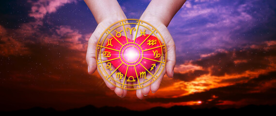 Concept of astrology and horoscope, person inside a zodiac sign wheel, Astrological zodiac signs...