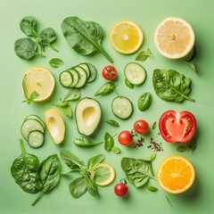 A colorful summer array of fresh fruits and vegetables neatly arranged on a vibrant green background, capturing the essence of a healthy lifestyle and summer freshness