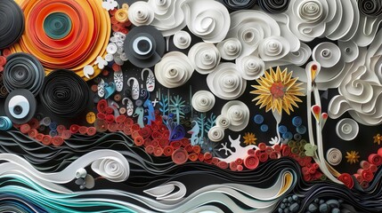 A paper quilling and spirograph reimagining of a famous comic strip, adding depth and texture to the iconic characters and scenes