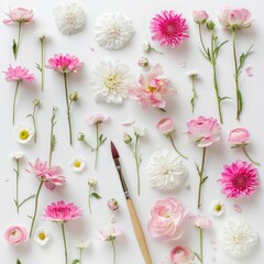 Beautifully scattered array of pink and white flowers with a single painting brush, embodying the concept of summer and nature's canvas