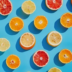 A fresh and colorful display of various citrus fruits, capturing the essence of summer with sliced oranges and lemons on a vivid blue backdrop