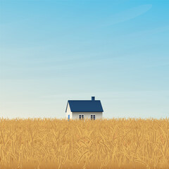 Wheat field with country house and blue sky square background vector illustration have blank space. Countryside background with gold colors barley field.