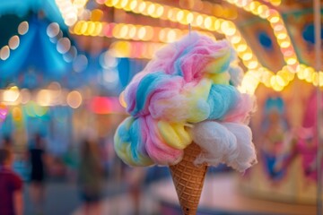 Cone of Cotton Candy with Blurred Lights Background
