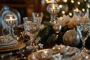Fototapeta na wymiar Elegant Christmas Dinner Setting with Twinkling Lights