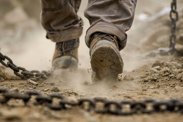 Detail of Dusty Boots Breaking Free from Chains on Earthy Ground