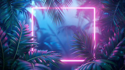 Jungle creative neon light cyber frame on fresh palm leaves, generative Ai - obrazy, fototapety, plakaty