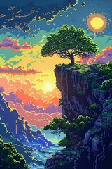 Illustrate the concept of growth amidst challenges through pixel art, with the sun as a beacon of hope in the landscape