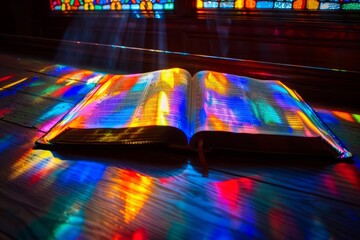 Open Bible on Altar with Rainbow Light from Stained Glass Window - Powered by Adobe
