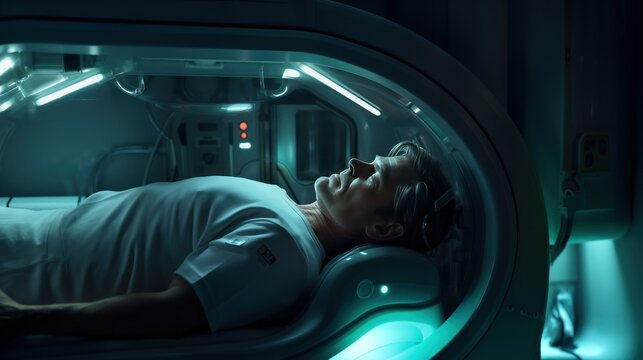 Team of astronauts in hypersleep anabiosis chamber aboard the orbital station. A crew of cosmonauts in hibernation. People in space. Galactic travel and science concept.