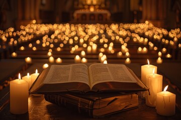 Candlelit Vigil with Open Holy Book in a Chapel - obrazy, fototapety, plakaty