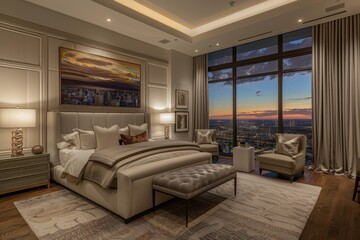 Luxurious Penthouse Bedroom with Dusk Cityscape View