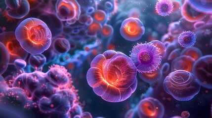 An illustration digital, showcasing a contrast dynamic between cells healthy, illustrated in colors luminous, radiant, all within X-ray.